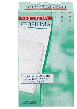 ICOPIUMA GARZA COMPRESSA IDROFILA IN COTONE PIEGATA STERILE SENZA FILO DI BARIO TITOLO 12/8 MISURA 18X40 CM IN BUSTA SINGOLA 12 PEZZI - farmascienza.it