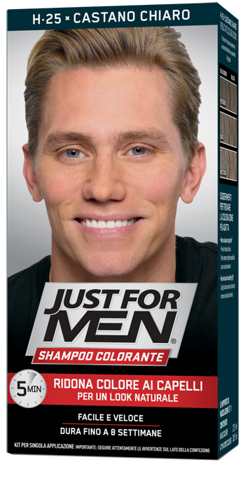 JUST FOR MEN SHAMPOO COLORANTE H25 CASTANO CHIARO ATTIVATORE CHIARO 38,5 ML + BASE COLORE 27,5 ML - farmascienza.it