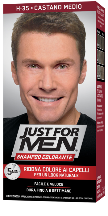 JUST FOR MEN SHAMPOO COLORANTE H35 CASTANO MEDIO ATTIVATORE CHIARO 38,5 ML + BASE COLORE 27,5 ML - farmascienza.it