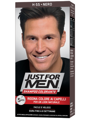 JUST FOR MEN SHAMPOO COLORANTE H55 NERO ATTIVATORE CHIARO 38,5 ML + BASE COLORE 27,5 ML - farmascienza.it