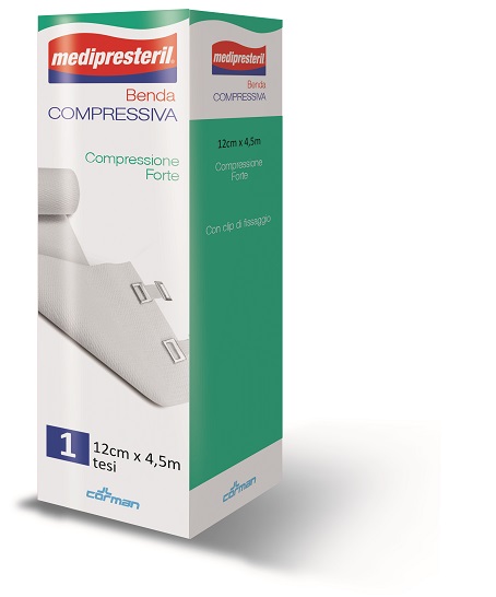 BENDA MEDIPRESTERIL COMPRESSIONE FORTE M4,5X12CM TESI CON CLIP DI FISSAGGIO - farmascienza.it