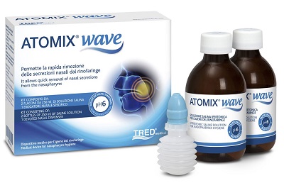 ATOMIX WAVE DISPOSITIVO PER IGIENE RINOFARINGEA ATOMIX SOLUZIONE SALINA 250 ML 2 PEZZI + TERMINALE NASALE + EROGATORE A SOFFIETTO - farmascienza.it