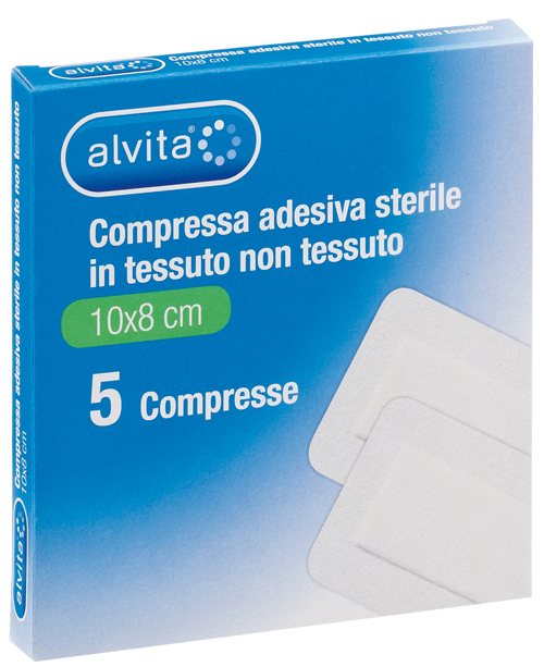 ALVITA GARZA COMPRESSA ADESIVA STERILE IN TESSUTO NON TESSUTO ESTENSIBILE BIANCO 10X8CM 5 PEZZI - farmascienza.it