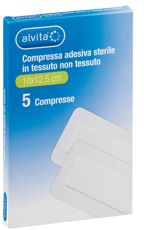 ALVITA GARZA COMPRESSA ADESIVA STERILE IN TESSUTO NON TESSUTO ESTENSIBILE BIANCO 10X12,5CM - farmascienza.it