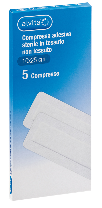 ALVITA GARZA COMPRESSA ADESIVA STERILE IN TESSUTO NON TESSUTO ESTENSIBILE BIANCO 10X25CM 5 PEZZI - farmascienza.it