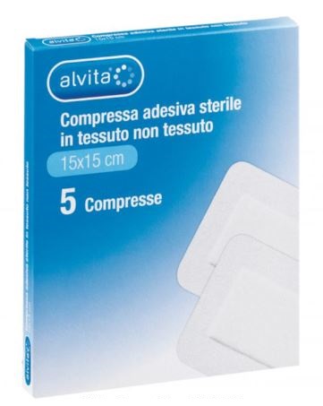ALVITA GARZA COMPRESSA ADESIVA STERILE IN TESSUTO NON TESSUTO ESTENSIBILE BIANCO 15X15CM 5 PEZZI - farmascienza.it
