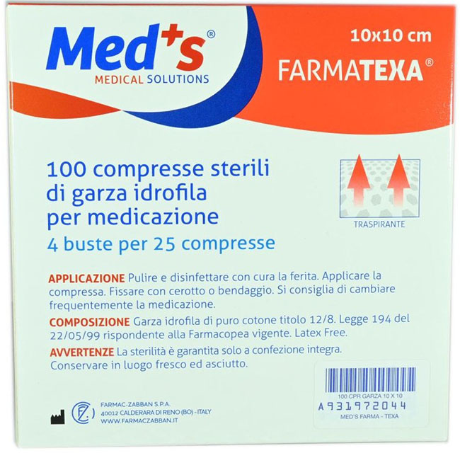 GARZA COMPRESSA IDROFILA MEDS FARMATEXA 2/8 10X10CM 100 PEZZI - farmascienza.it