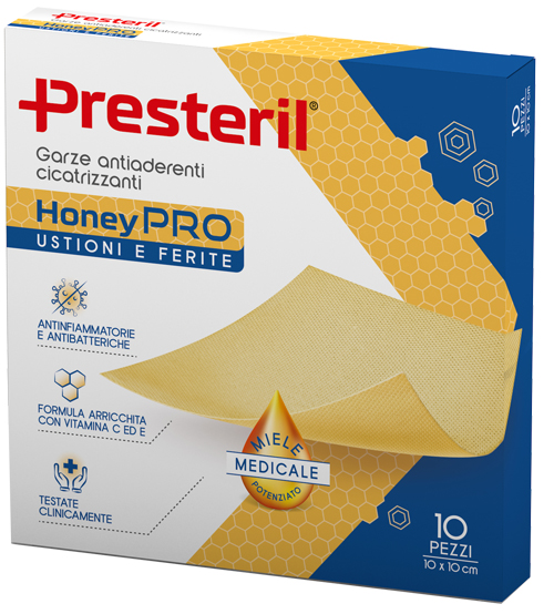 GARZA ANTIADERENTE CICATRIZZANTE PRESTERIL HONEYPRO 10X10 CM 10 PEZZI - farmascienza.it