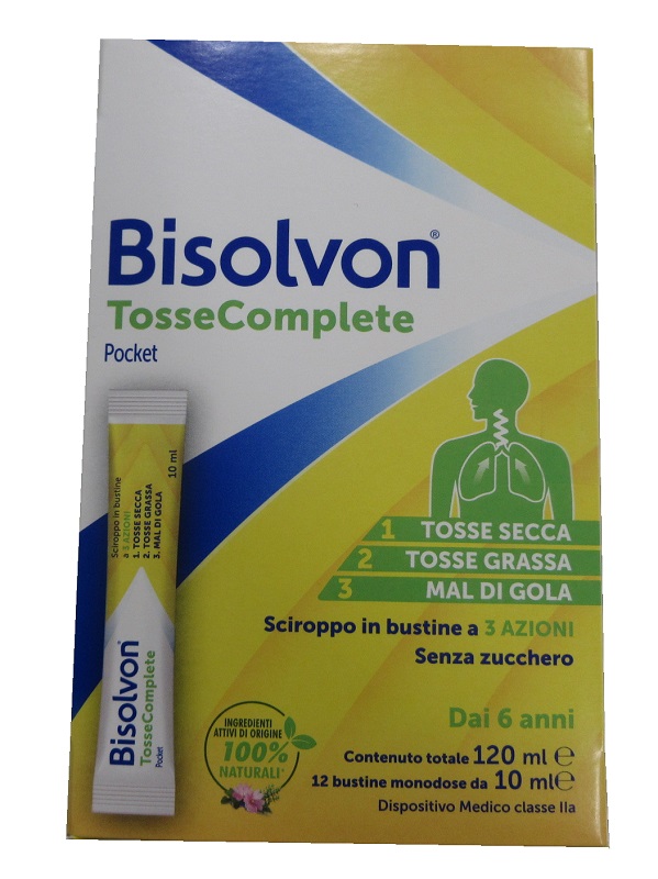 BISOLVON TOSSE COMPLETE POCKET SCIROPPO 12 BUSTINE DA 10 ML SENZA ZUCCHERO SENZA GLUTINE SENZA LATTOSIO - farmascienza.it