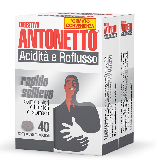 DIGESTIVO ANTONETTO ACIDITA' E REFLUSSO 80 COMPRESSE MASTICABILI 2 ASTUCCI DA 40 COMPRESSE - farmascienza.it