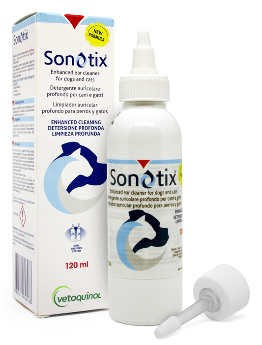 SONOTIX DETERGENTE AURICOLARE PROFONDO CANI E GATTI FLACONE 120 ML + CANNULA CORTA RIGIDA + CANNULA LUNGA FLESSIBILE - farmascienza.it