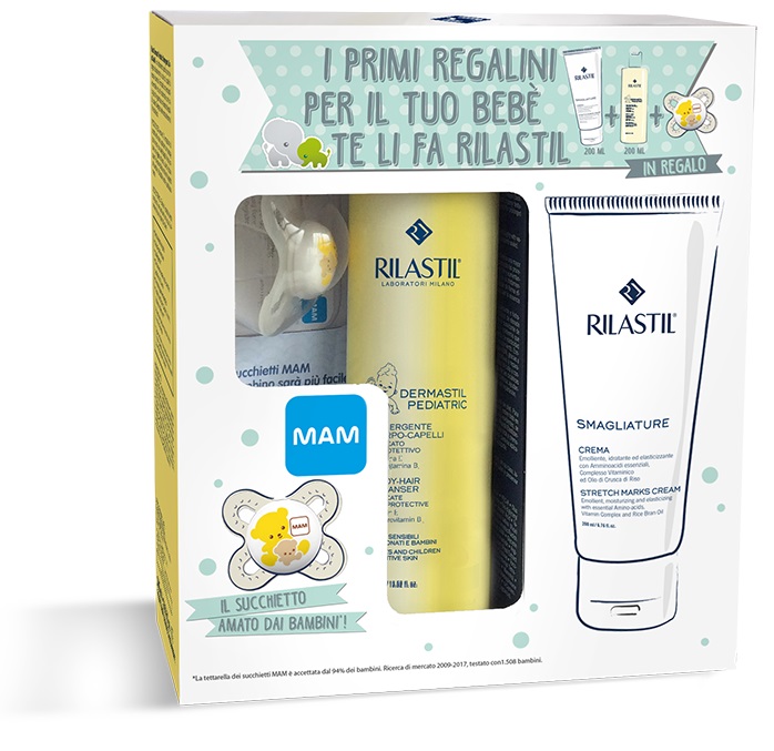 COFANETTO PRIMI REGALINI CON RILASTIL SMAGLIATURE + RILASTIL DERMASTIL PEDIATRIC DETERGENTE CORPO E CAPELLI + SUCCHIETTO MAM 0-2 OMAGGIO - farmascienza.it