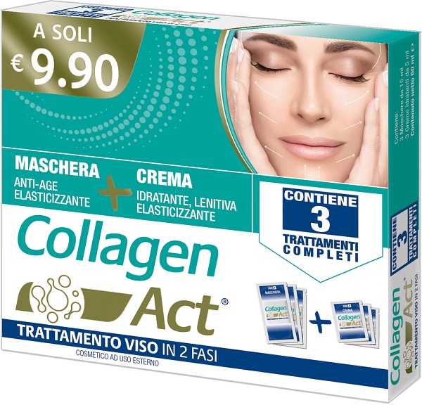 COLLAGEN ACT TRATTAMENTO VISO 2 FASI MASCHERA ANTI AGE ELASTICIZZANTE 3 PEZZI DA 15 ML + CREMA IDRATANTE LENITIVA ELASTICIZZANTE 3 PEZZI DA 5 ML - farmascienza.it