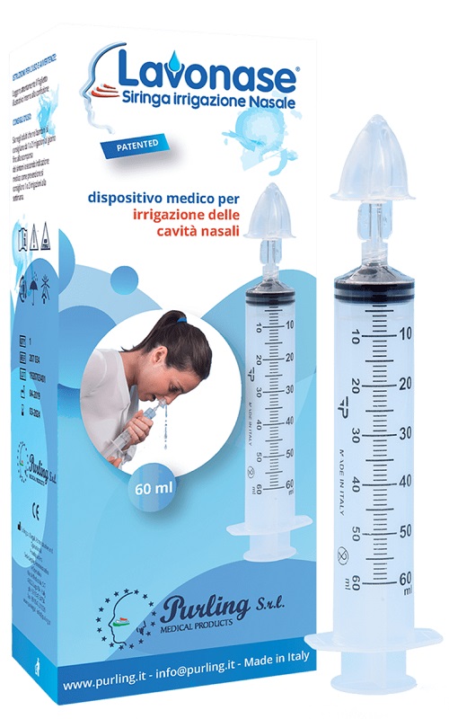 LAVONASE IRRIGAZIONE NASALE NON STERILE SIRINGA 60 ML + LUER-LOCK CON CAPPUCCIO + UGELLO NASALE CON RACCORDO LUER-LOCK + PERFORATORE CON VALVOLA NON RITORNO CON TAPPO - farmascienza.it