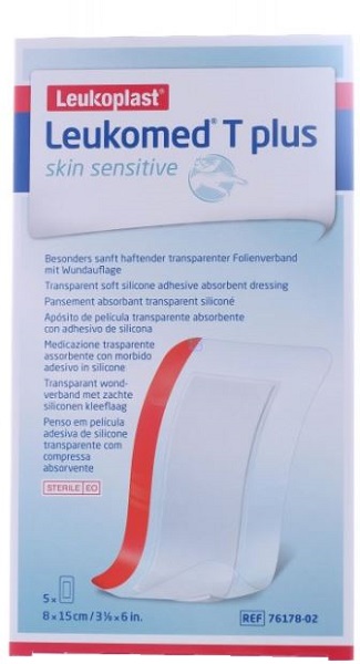 MEDICAZIONE POST-OPERATORIA LEUKOMED T PLUS SKIN SENSITIVE TRASPARENTE IMPERMEABILE CON MASSA ADESIVA AL SILICONE 8X15CM 5 PEZZI - farmascienza.it