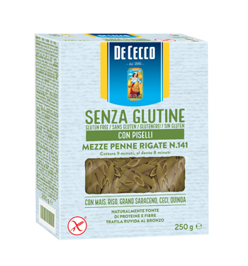 DE CECCO MEZZE PENNE RIGATE N141 CON PISELLI 250 G - farmascienza.it