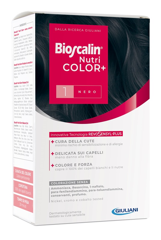 BIOSCALIN NUTRICOLOR PLUS 1 NERO CREMA COLORANTE 40 ML + RIVELATORE CREMA 60 ML + SHAMPOO 12 ML + TRATTAMENTO FINALE BALSAMO 12 ML - farmascienza.it