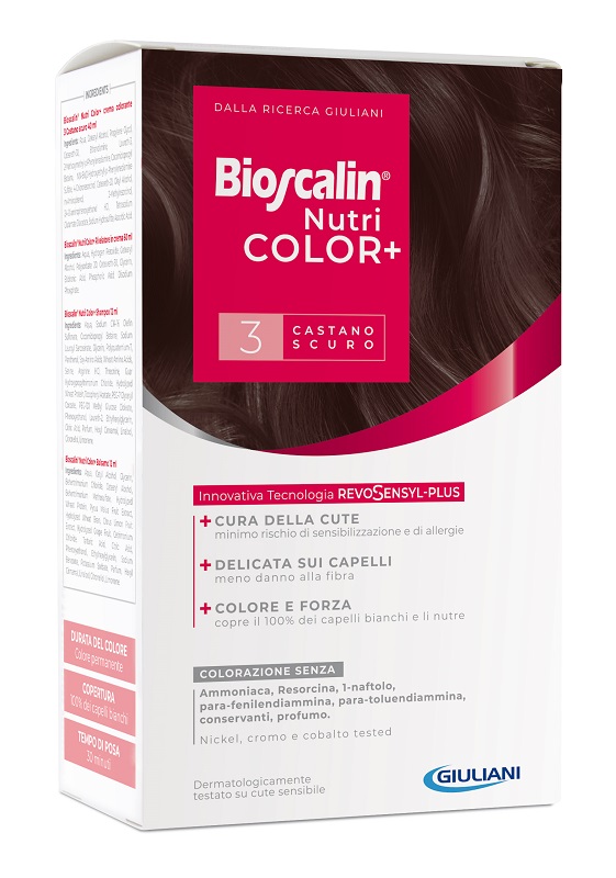 BIOSCALIN NUTRICOLOR PLUS 3 CASTANO SCURO CREMA COLORANTE 40 ML + RIVELATORE CREMA 60 ML + SHAMPOO 12 ML + TRATTAMENTO FINALE BALSAMO 12 ML - farmascienza.it