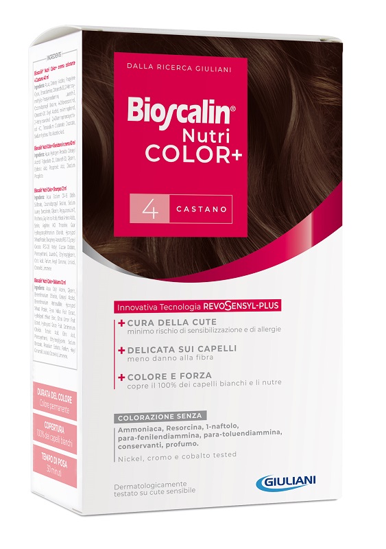 BIOSCALIN NUTRICOLOR PLUS 4 CASTANO CREMA COLORANTE 40 ML + RIVELATORE CREMA 60 ML + SHAMPOO 12 ML + TRATTAMENTO FINALE BALSAMO 12 ML - farmascienza.it