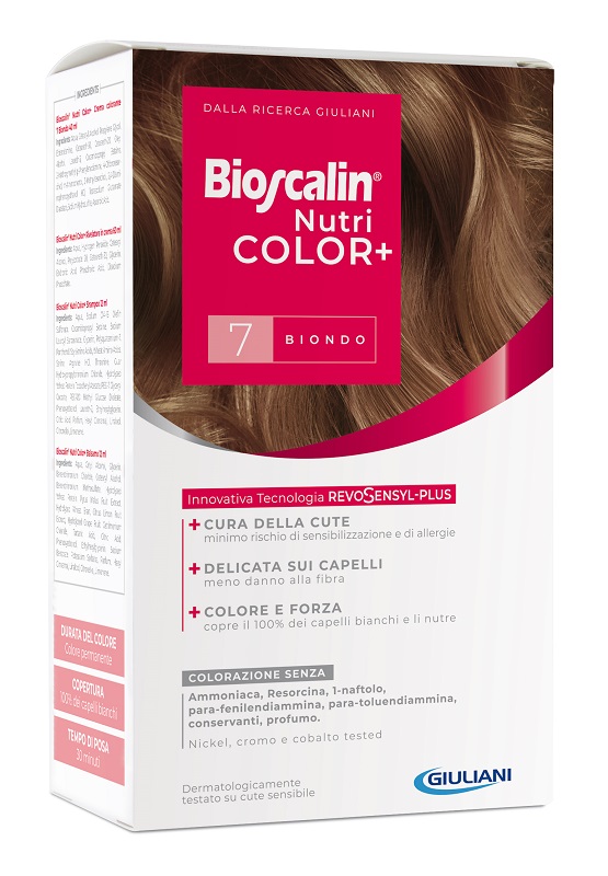 BIOSCALIN NUTRICOLOR PLUS 7 BIONDO CREMA COLORANTE 40 ML + RIVELATORE CREMA 60 ML + SHAMPOO 12 ML + TRATTAMENTO FINALE BALSAMO 12 ML - farmascienza.it