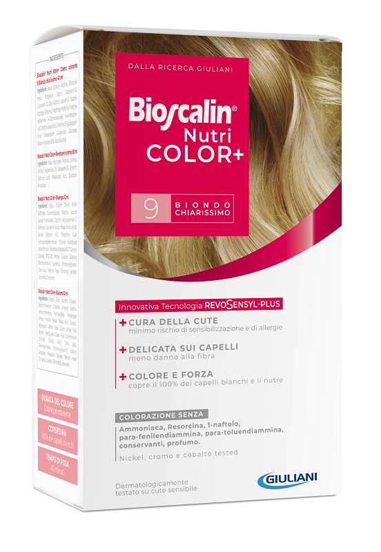 BIOSCALIN NUTRICOLOR PLUS 9 BIONDO CHIARISSIMO CREMA COLORANTE 40 ML + RIVELATORE CREMA 60 ML + SHAMPOO 12 ML + TRATTAMENTO FINALE BALSAMO 12 ML - farmascienza.it