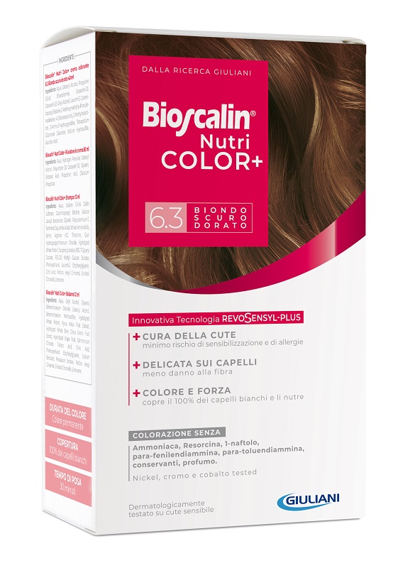 BIOSCALIN NUTRICOLOR PLUS 6,3 BIONDO SCURO DORATO CREMA COLORANTE 40 ML + RIVELATORE CREMA 60 ML + SHAMPOO 12 ML + TRATTAMENTO FINALE BALSAMO 12 ML - farmascienza.it