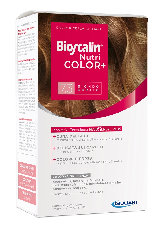 BIOSCALIN NUTRICOLOR PLUS 7,3 BIONDO DORATO CREMA COLORANTE 40 ML + RIVELATORE CREMA 60 ML + SHAMPOO 12 ML + TRATTAMENTO FINALE BALSAMO 12 ML - farmascienza.it