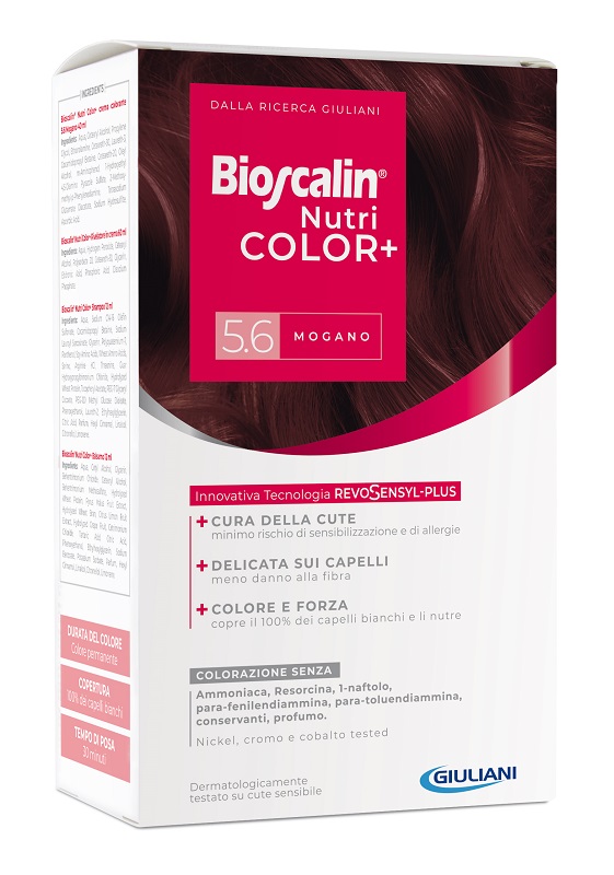 BIOSCALIN NUTRICOLOR PLUS 5,6 MOGANO CREMA COLORANTE 40 ML + RIVELATORE CREMA 60 ML + SHAMPOO 12 ML + TRATTAMENTO FINALE BALSAMO 12 ML - farmascienza.it