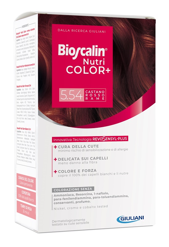 BIOSCALIN NUTRICOLOR PLUS 5,54 CASTANO ROSSO RAME CREMA COLORANTE 40 ML + RIVELATORE CREMA 60 ML + SHAMPOO 12 ML + TRATTAMENTO FINALE BALSAMO 12 ML - farmascienza.it