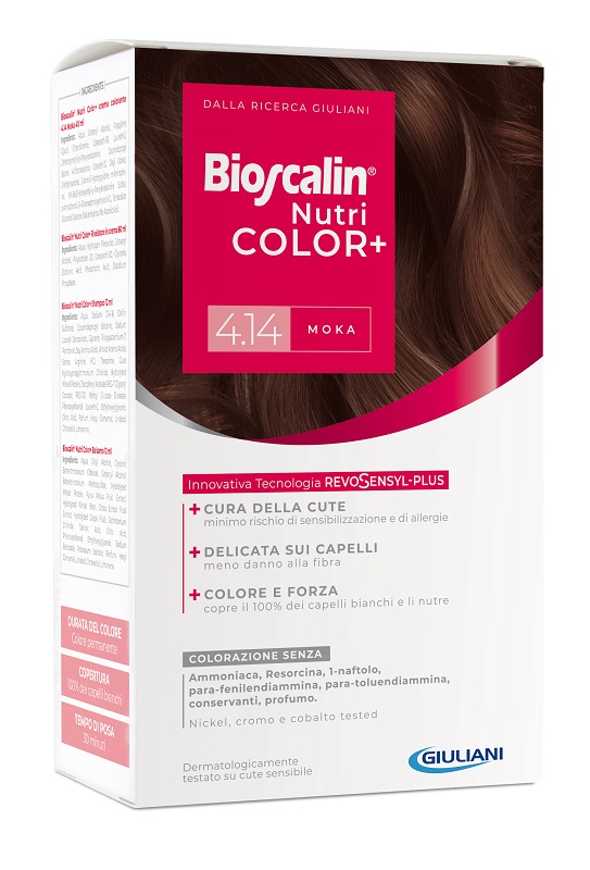 BIOSCALIN NUTRICOLOR PLUS 4,14 MOKA CREMA COLORANTE 40 ML + RIVELATORE CREMA 60 ML + SHAMPOO 12 ML + TRATTAMENTO FINALE BALSAMO 12 ML - farmascienza.it