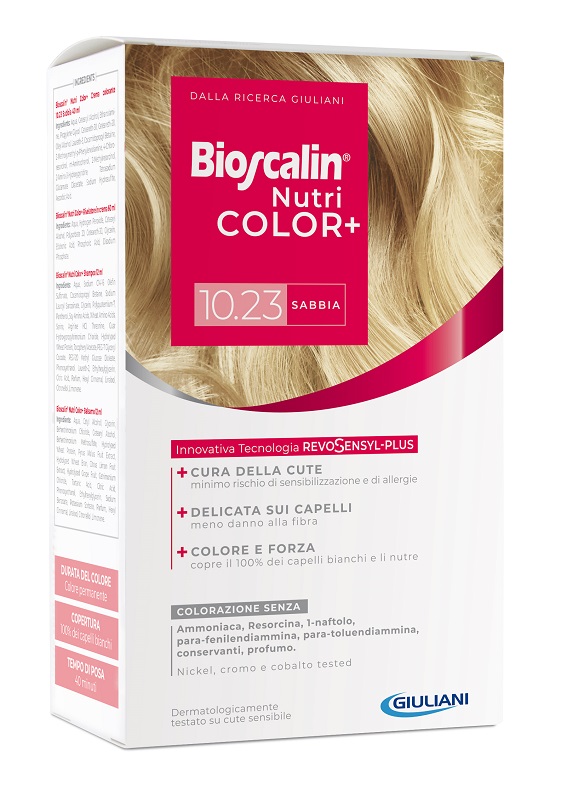 BIOSCALIN NUTRICOLOR PLUS 10,23 SABBIA CREMA COLORANTE 40 ML + RIVELATORE CREMA 60 ML + SHAMPOO 12 ML + TRATTAMENTO FINALE BALSAMO 12 ML - farmascienza.it