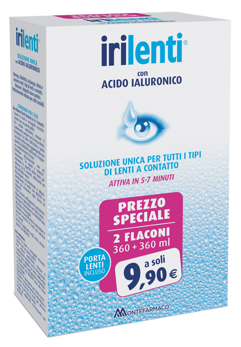 SOLUZIONE UNICA PER LENTI A CONTATTO IRILENTI CON ACIDO IALURONICO 2 FLACONI DA 360 ML + 360 ML - farmascienza.it