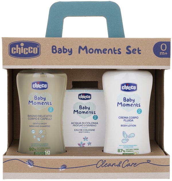 CHICCO BABY MOMENTS SET BAGNO DELICATO CORPO-CAPELLI PELLI DELICATE 200 ML + CREMA CORPO PELLI DELICATE 200 ML + ACQUA DI COLONIA BABY SMELL PELLI DELICATE 100 ML - farmascienza.it