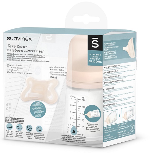 SUAVINEX ZERO ZERO SET BIBERON SPECIALE ALLATTAMENTO DA 180ML + SUCCHIETTO + TETTARELLA SIMMETRICA SX PRO S -2/2 MESI - farmascienza.it