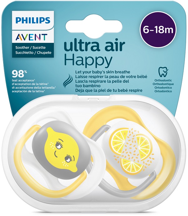 AVENT ULTRA AIR CIUCCIO ORTODONTICO 6-18 MESI NEUTRO/LIMONI 2 PEZZI - farmascienza.it