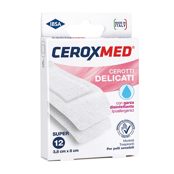 CEROTTI DELICATI CEROXMED CON GARZA DISINFETTANTE IPOALLERGENICI PER PELLI SENSIBILI SUPER 3,8X8CM 12 PEZZI - farmascienza.it