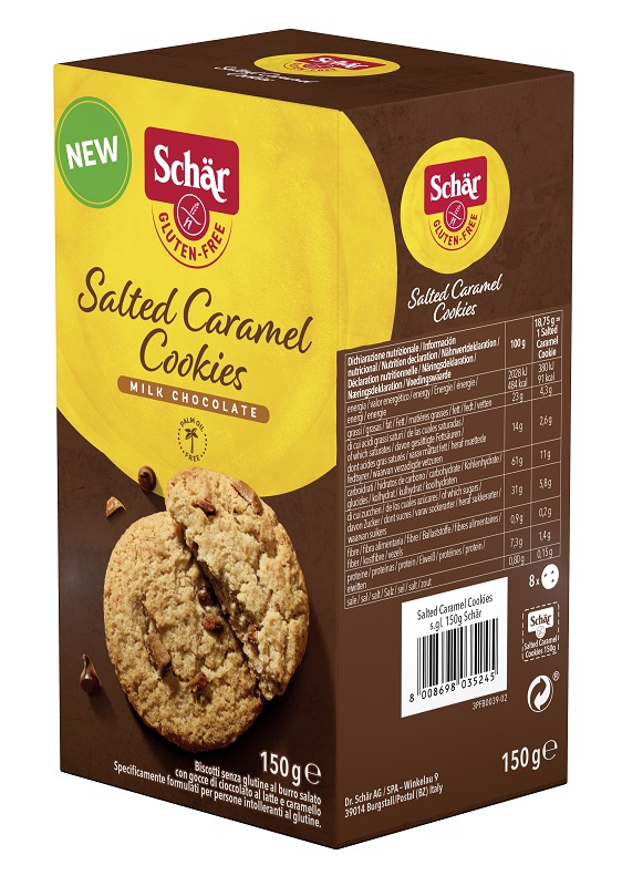 SCHAR SALTED CARAMEL COOKIES CON GOCCE DI CIOCCOLATO AL LATTE E CARAMELLO 150 G - farmascienza.it