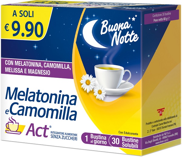MELATONINA E CAMOMILLA ACT 30 BUSTINE SOLUBILI SENZA ZUCCHERI - farmascienza.it