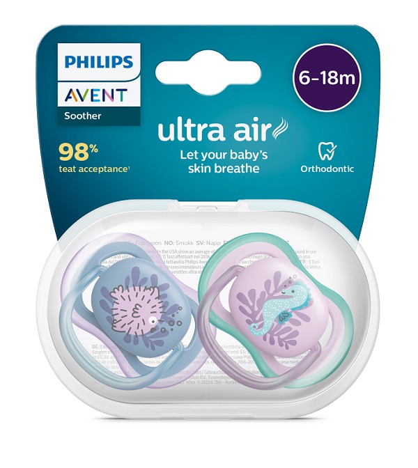 AVENT ULTRA AIR CIUCCIO ORTODONTICO 6-18 MESI PESCE PALLA/CAVALLUCCIO MARINO 2 PEZZI - farmascienza.it