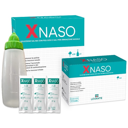 SOLUZIONE SALINA CON PEG 3350 E SALI PER IRRIGAZIONE NASALE XNASO 30 BUSTINE + 1 EROGATORE - farmascienza.it