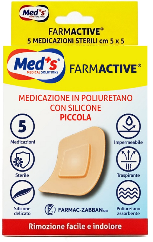 MEDICAZIONE MEDS FARMACTIVE POLIURETANO CON SILICONE CON BORDI PICCOLA 5X5 CM 5 PEZZI - farmascienza.it
