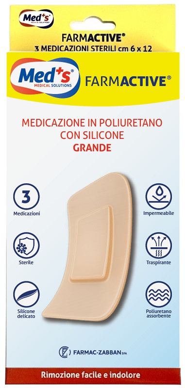 MEDICAZIONE MEDS FARMACTIVE POLIURETANO CON SILICONE CON BORDI GRANDE 6X12 CM 3 PEZZI - farmascienza.it