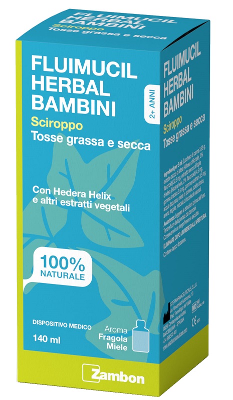 FLUIMUCIL HERBAL BAMBINI SCIROPPO TOSSE GRASSA E SECCA 140 ML AROMA FRAGOLA E MIELE SENZA GLUTINE SENZA LATTOSIO - farmascienza.it
